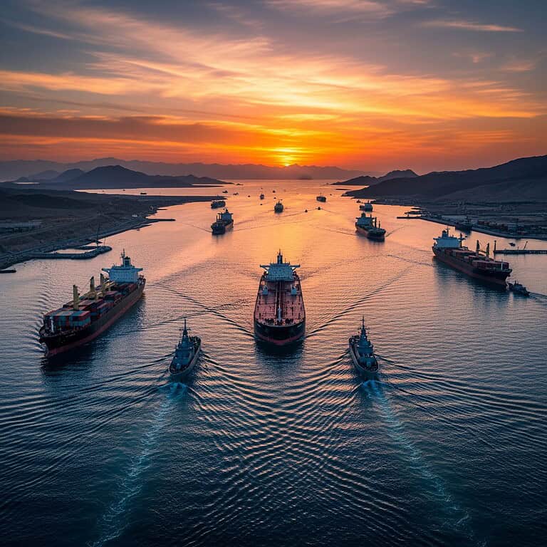 Cargo ships sailing through the Strait of Hormuz at sunset.